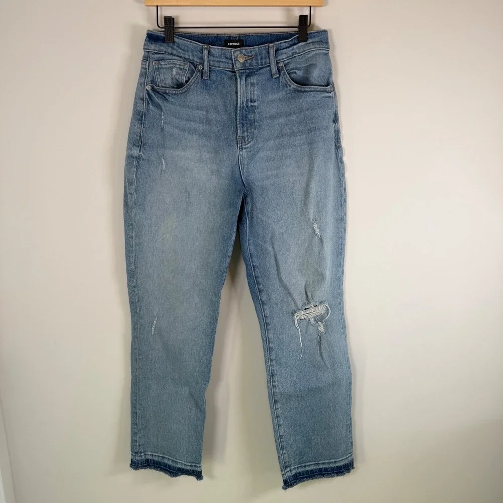 Express Straight Ankle High Rise Raw Hem Ripped Light Wash Denim Blue Jeans‎ 8R